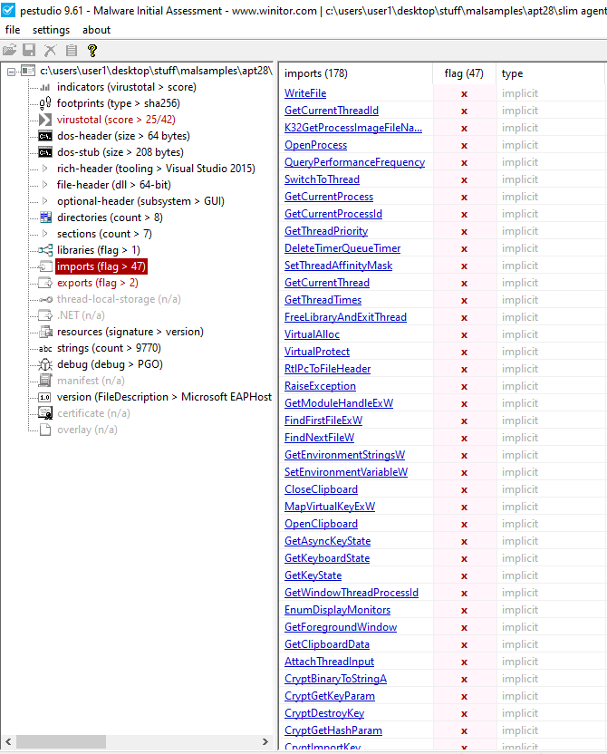PEStudio Fancy Bear SlimAgent Imports