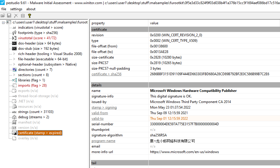PEStudio FuRootkit ExpiredCert