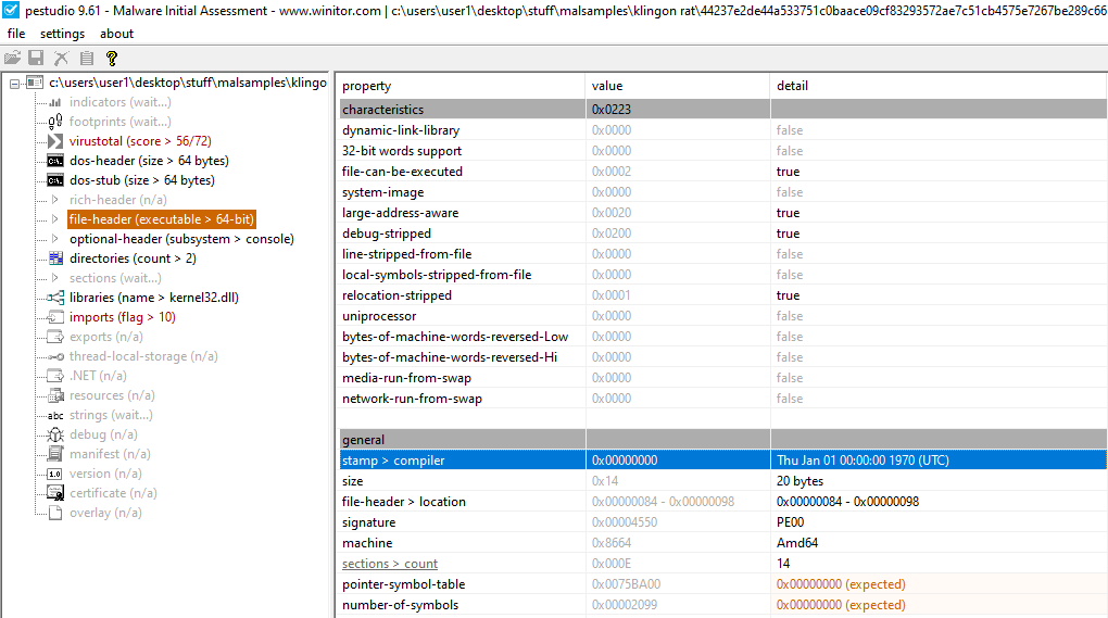 PEStudio Klingon Rat Compiler Timestamp 1970