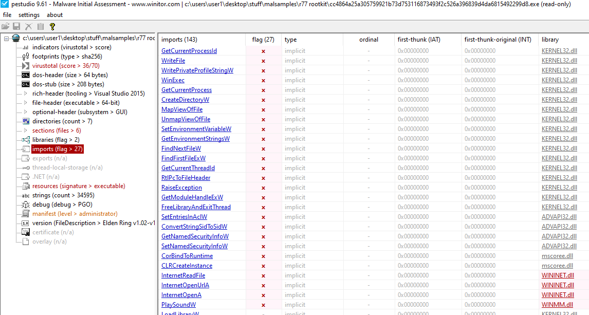 PEStudio R77 Rootkit Imports