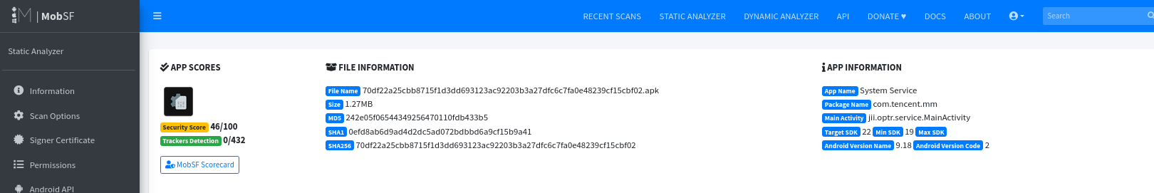MOBSF Donot APT APK Malware Info