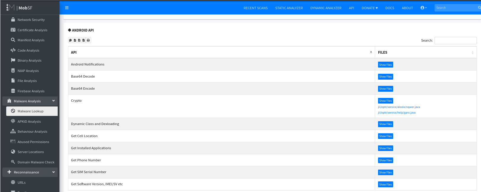 MOBSF Donot APT Malware Android API