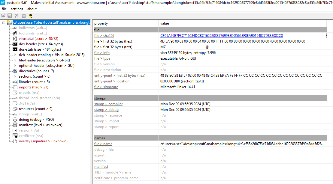 PEStudio Kongtuke malware