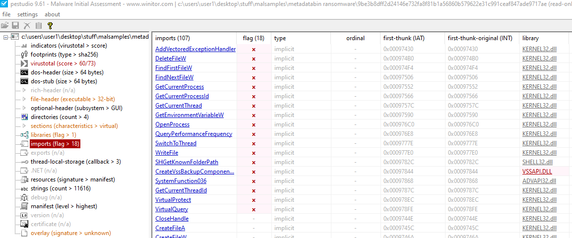 PEStudio Metadatabin Ransomware Imports