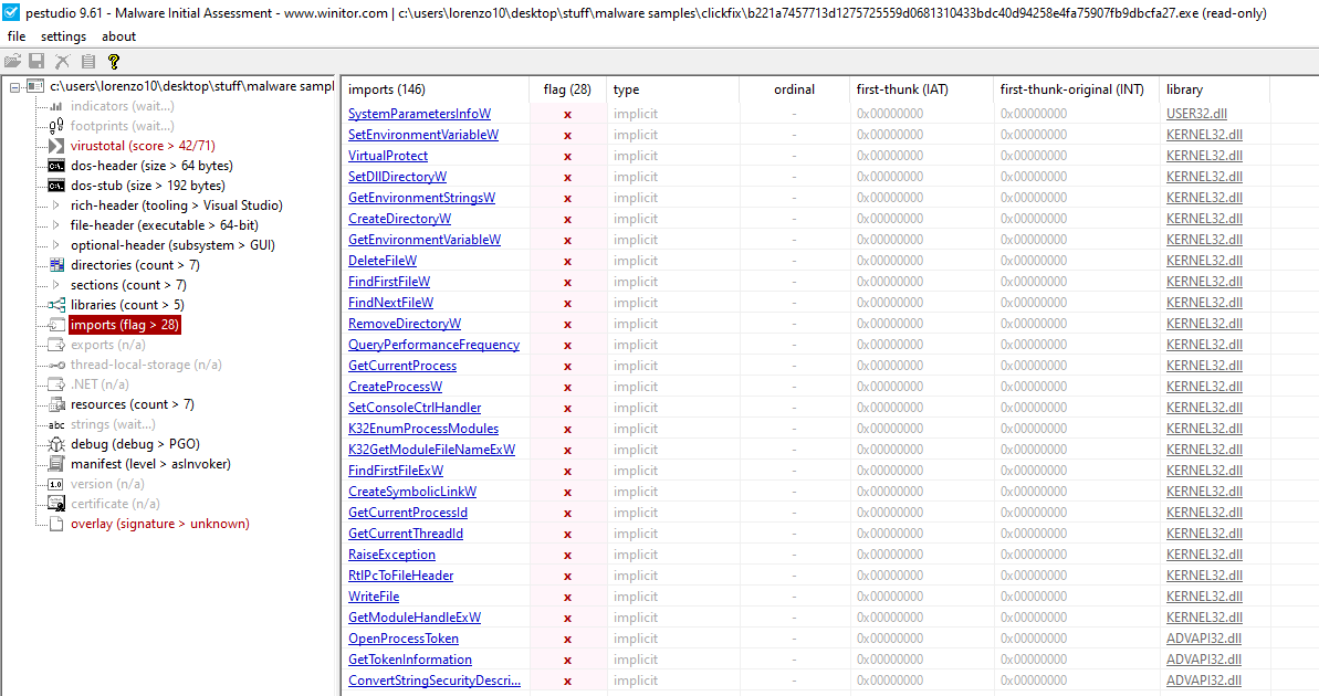 PEStudio Clickfix B22 Imports 28