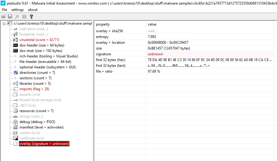 PEstudio Clickfix B22 Overlay Unkown Signature