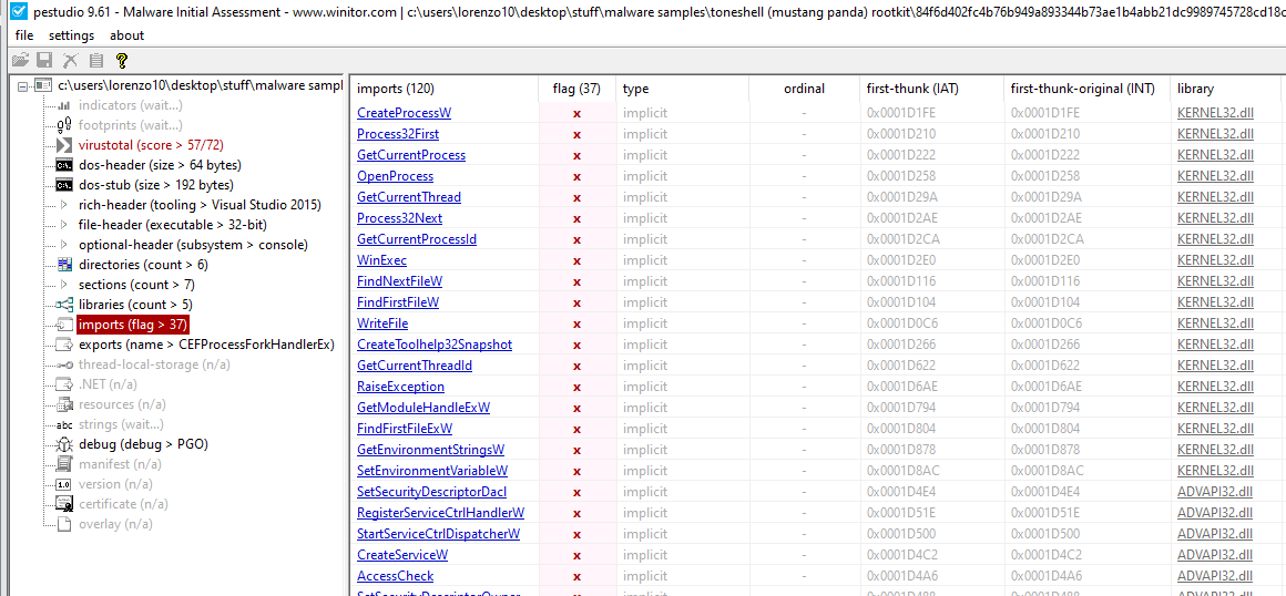 PEStudio Toneshell Rootkit Import(37)