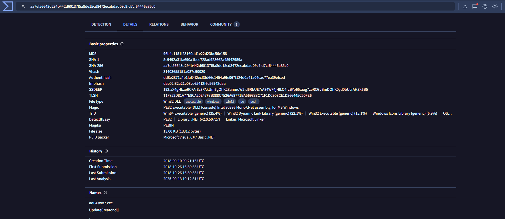 VirusTotal Danbot (mamson) aa7 Details